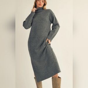Cozy Charcoal Knit Long Sleeve Dress